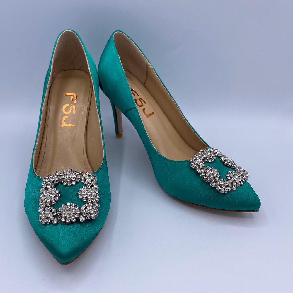 FSJ Green Pointy Toe Rhinestone Satin Heels Pumps